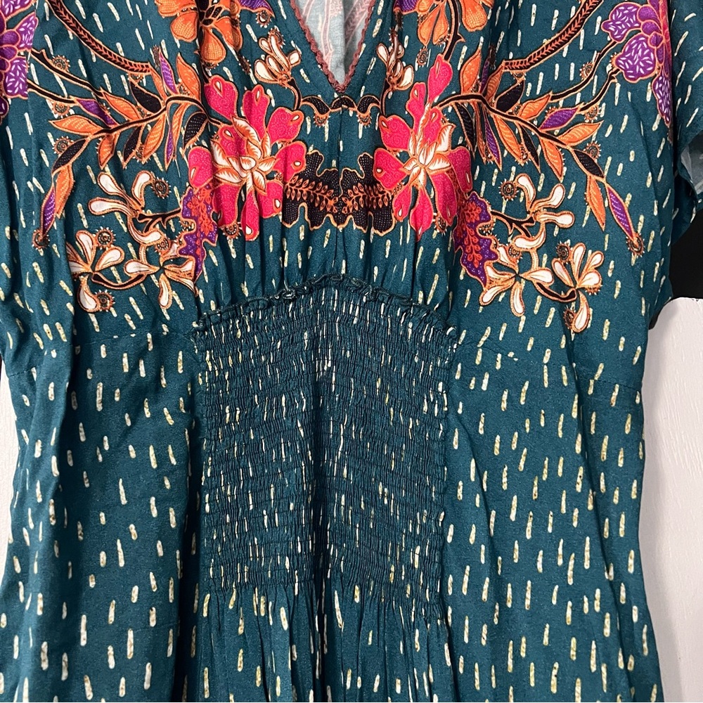 Anthropologie Blank London Teal Floral Print Tatiana Kaftan Dress One Size - Picture 5 of 14